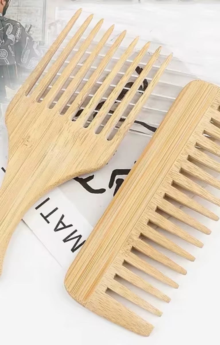 Lot de 2 Peignes en Bambou Naturel – Écologique & Antistatique pour Cheveux Bouclés, Lisses & Crépus